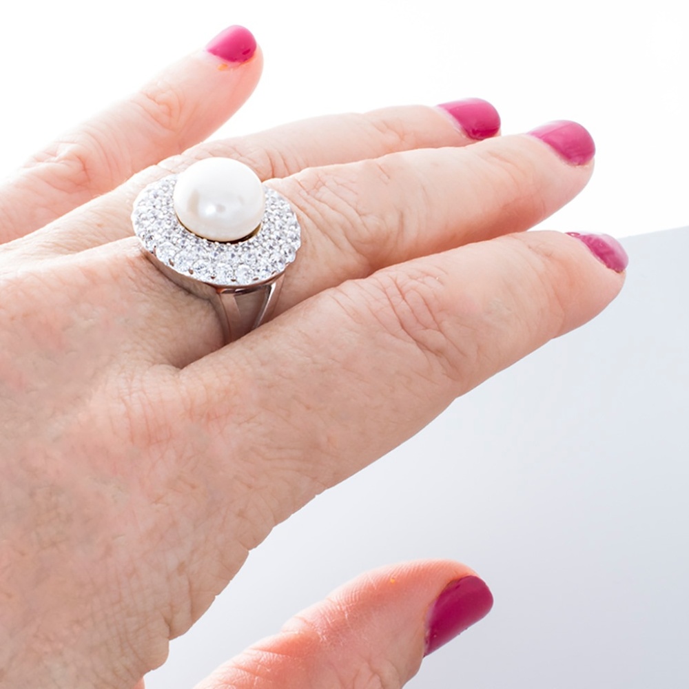 Sterling Silver Cocktail Ring with Pearl and CZ, 7